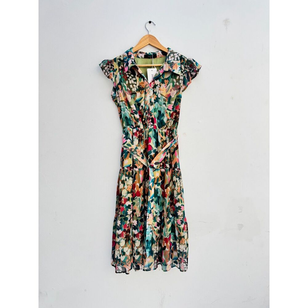 NWT Zesica Floral Collared Belted Midi Dress Size M